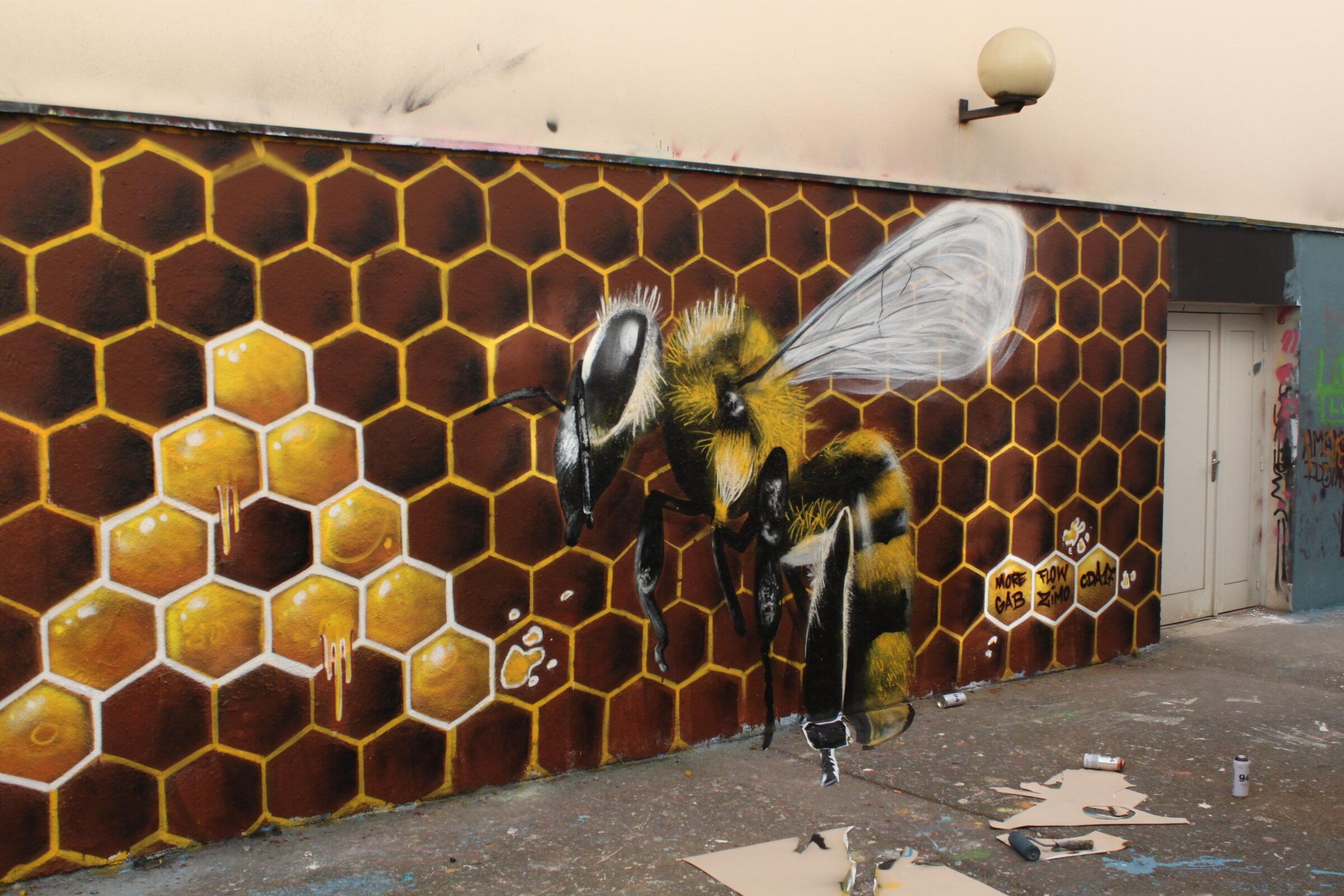 Abeille réaliste sur un fond d'alvéoles de miel, peinte sur un mur extérieur