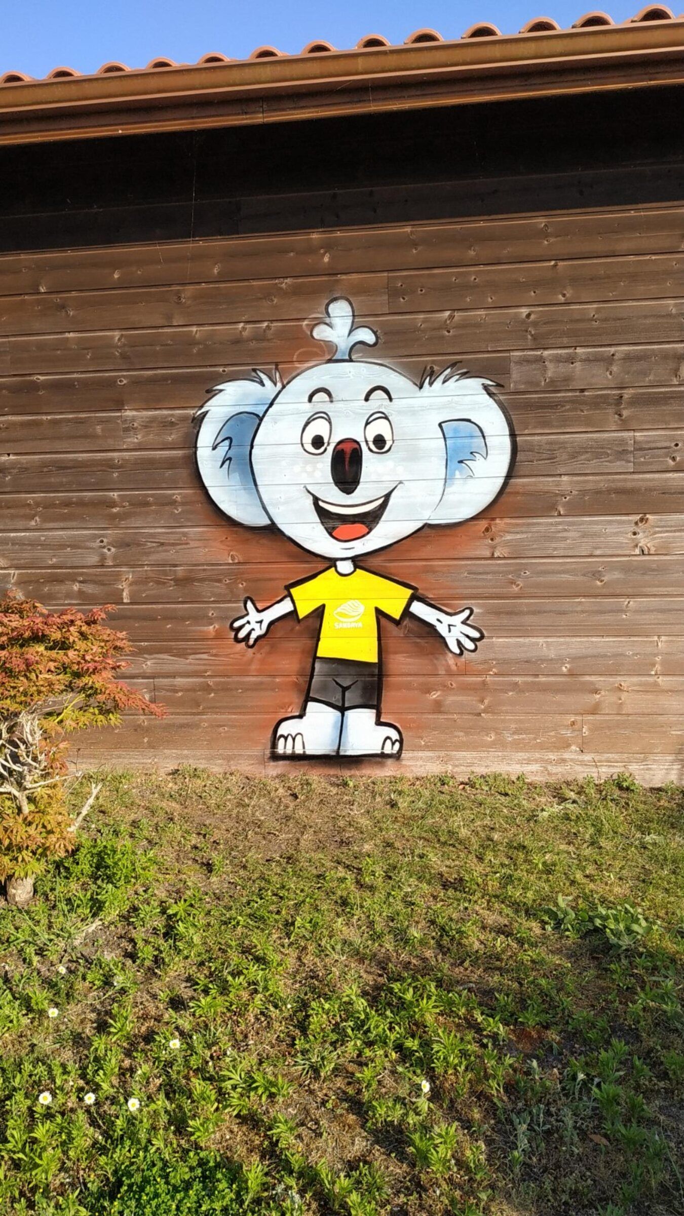 Mascotte koala peinte sur le bardage en bois d'un camping