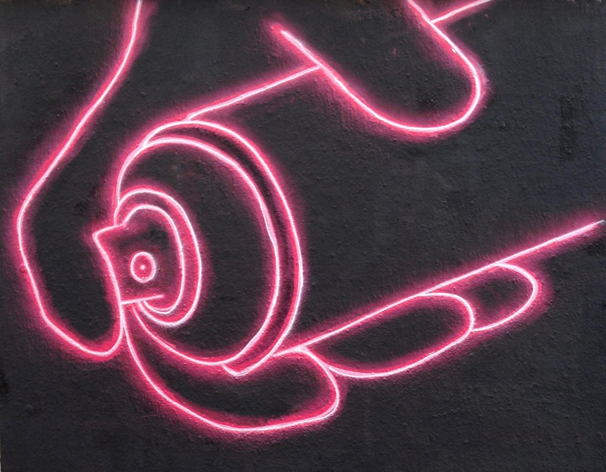 Bombe de peinture dessinée en néon rose sur fond noir